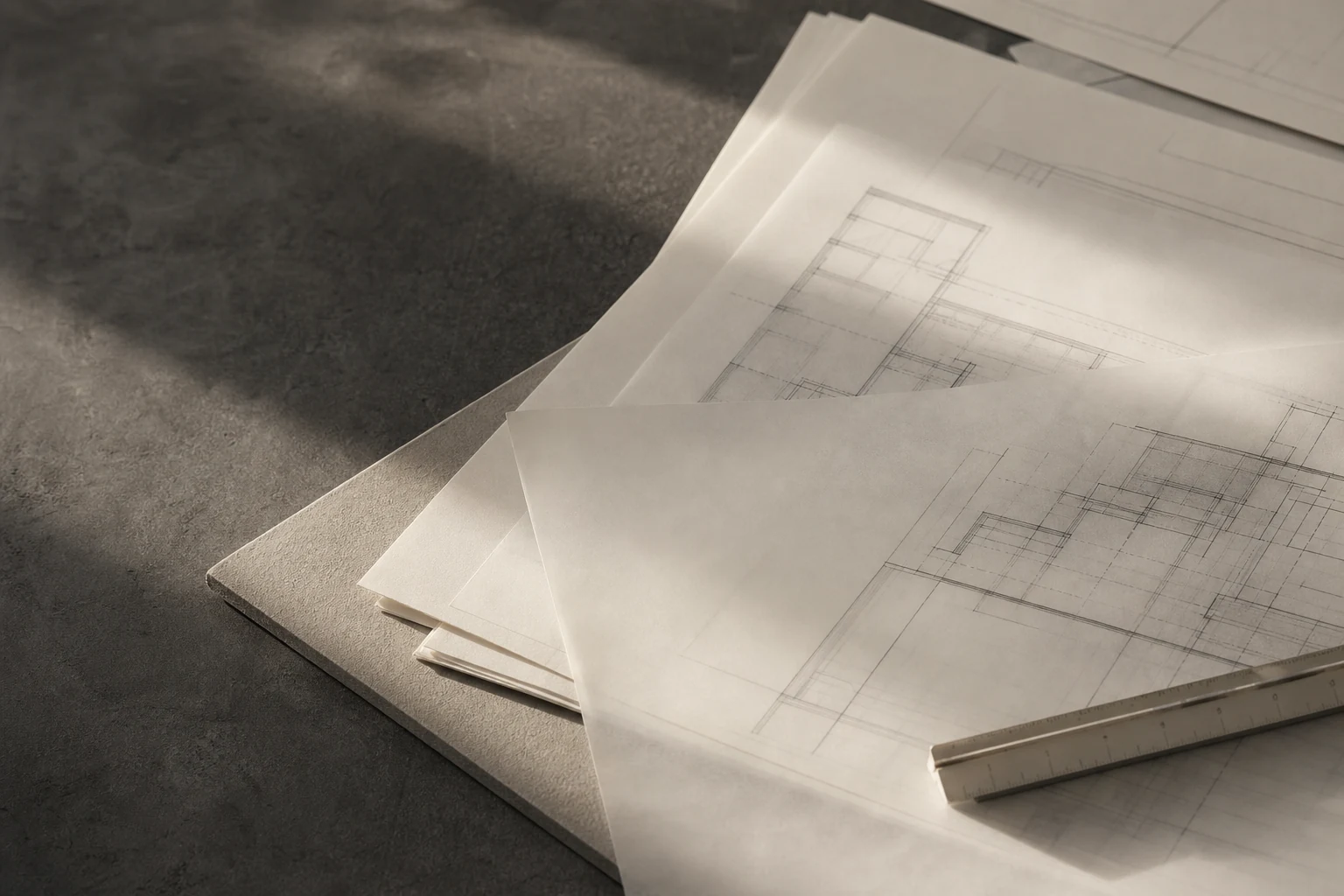 Original studio still life with abstract plan sheets and a scale ruler